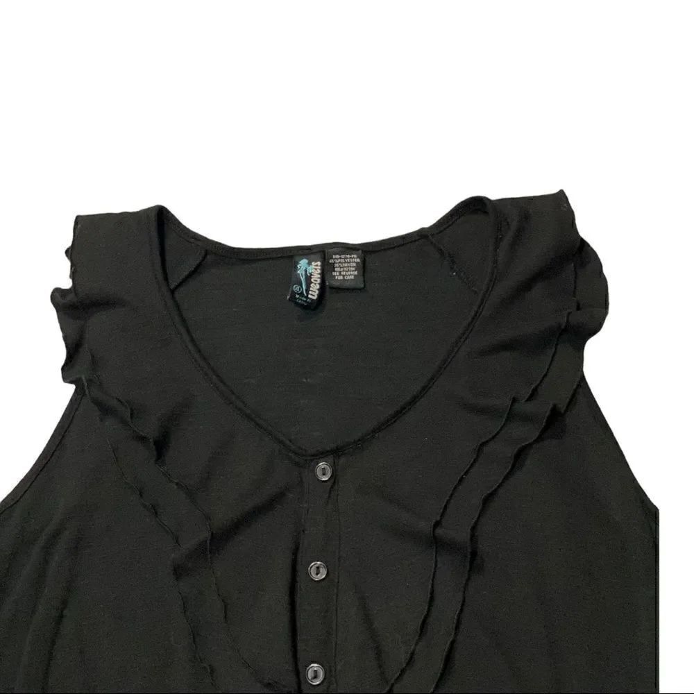 Sleeveless V Neck Blouse Solid Black Ruffle Trim - Picture 3 of 7